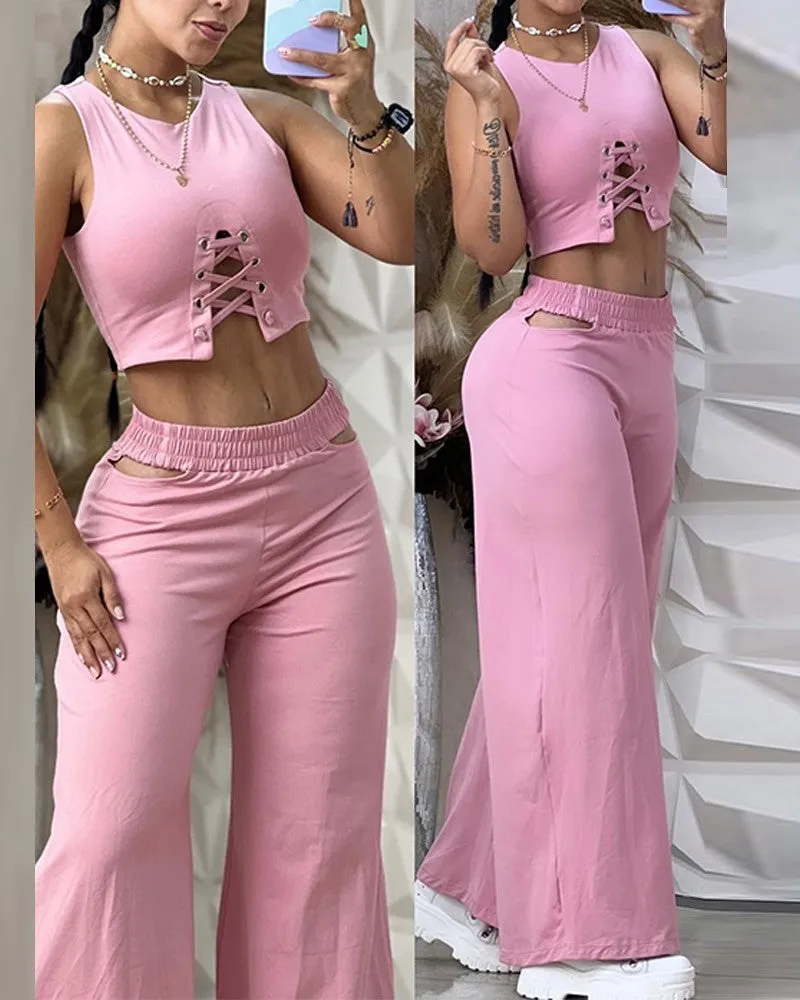 Eyelet Criss Cross Crop Top & Cutout Wide Leg Pants Set