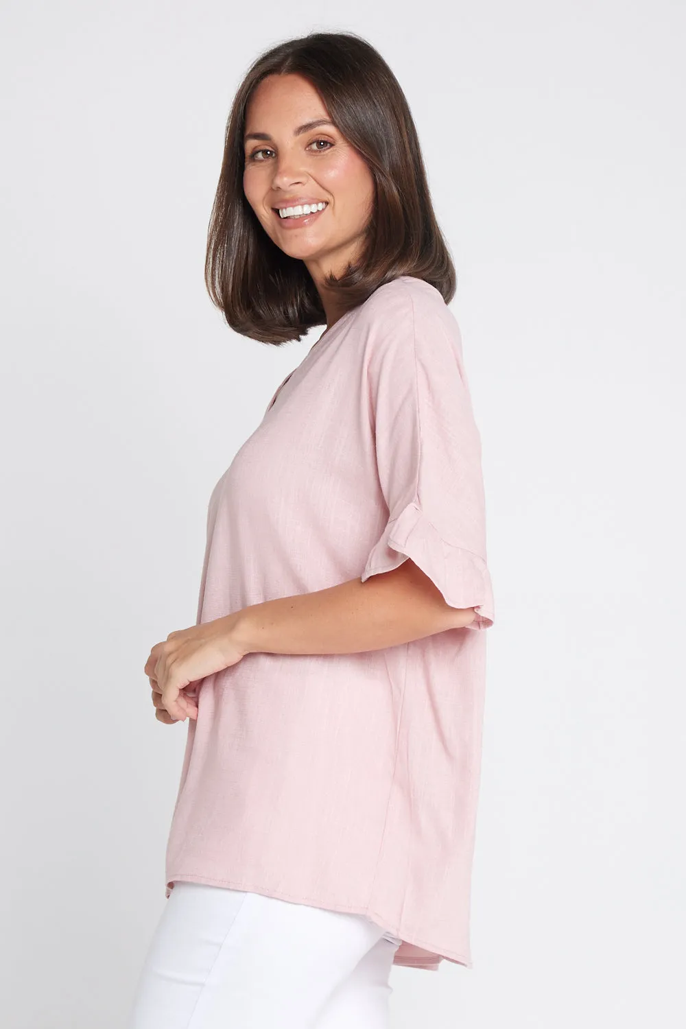 Farrah Linen V Neck Top - Blush