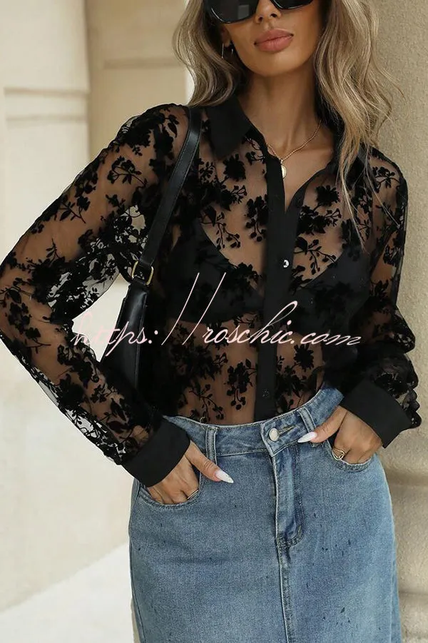 Fashion See-through Plant Lace Long Sleeve Loose Shirt