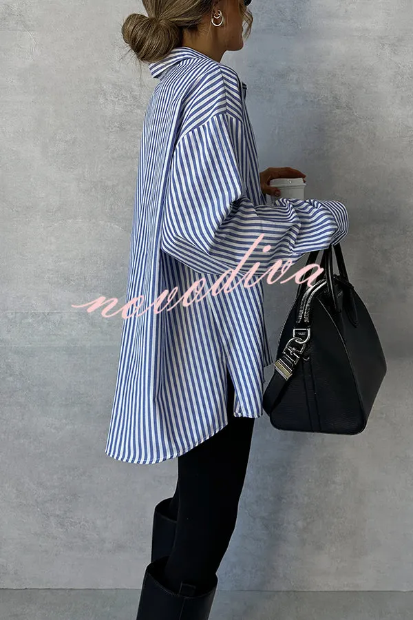 Fashionable Striped Printed Loose Long-sleeved Casual Shirt