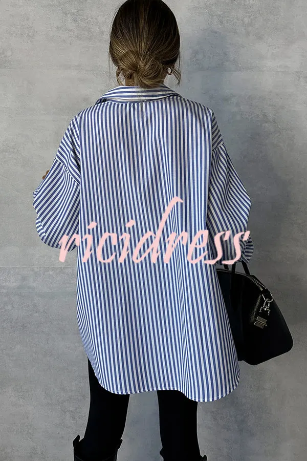 Fashionable Striped Printed Loose Long-sleeved Casual Shirt