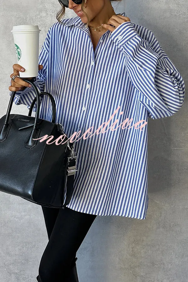 Fashionable Striped Printed Loose Long-sleeved Casual Shirt