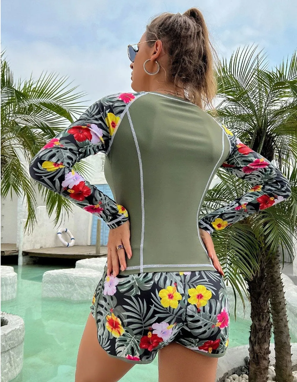 Floral Printed Long Sleeve Round Neck Dive Surf Two-Piece Boxer Briefs Bikini Swimwear Sets