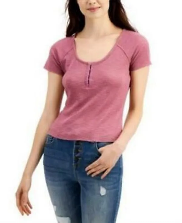 Freshman Juniors Textured Hook & Eye Henley Top