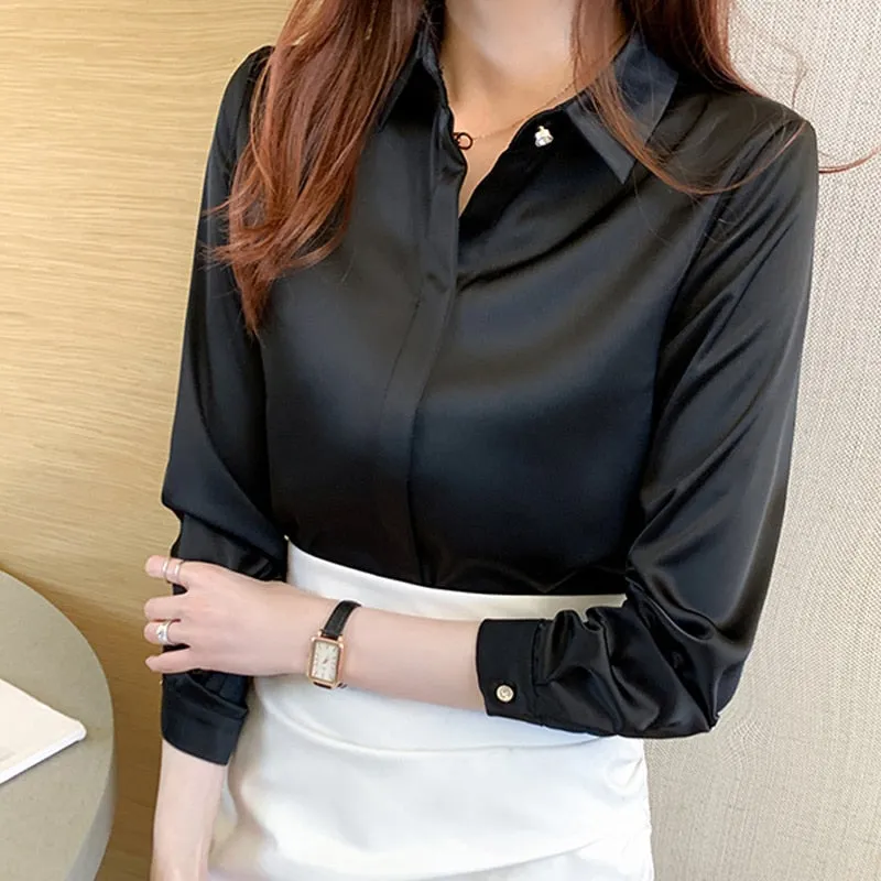 Graduation Gifts   Office Lady Silk Women Shirt Blouse Tops Button Shirts Female Long Sleeve Satin Blouses for Women Clothing Chemise Femme 17276