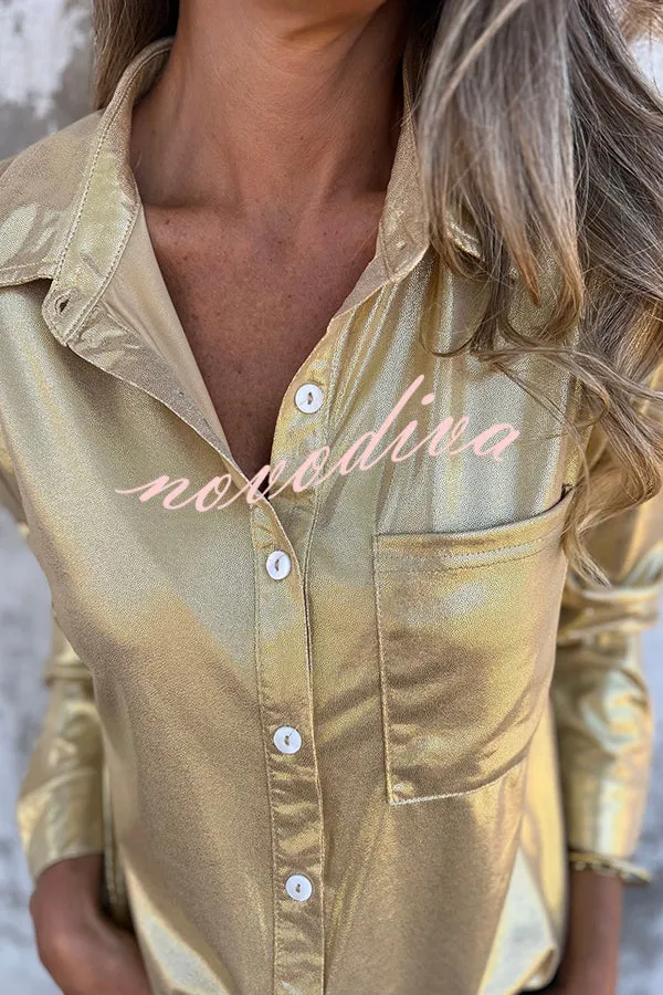 Holiday Look Solid Metallic Loose Pocket Button-down Blouse