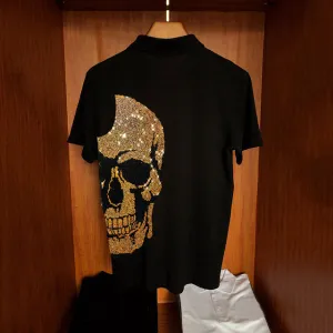 Hot Drill Skull Rhinestone Polo Shirt