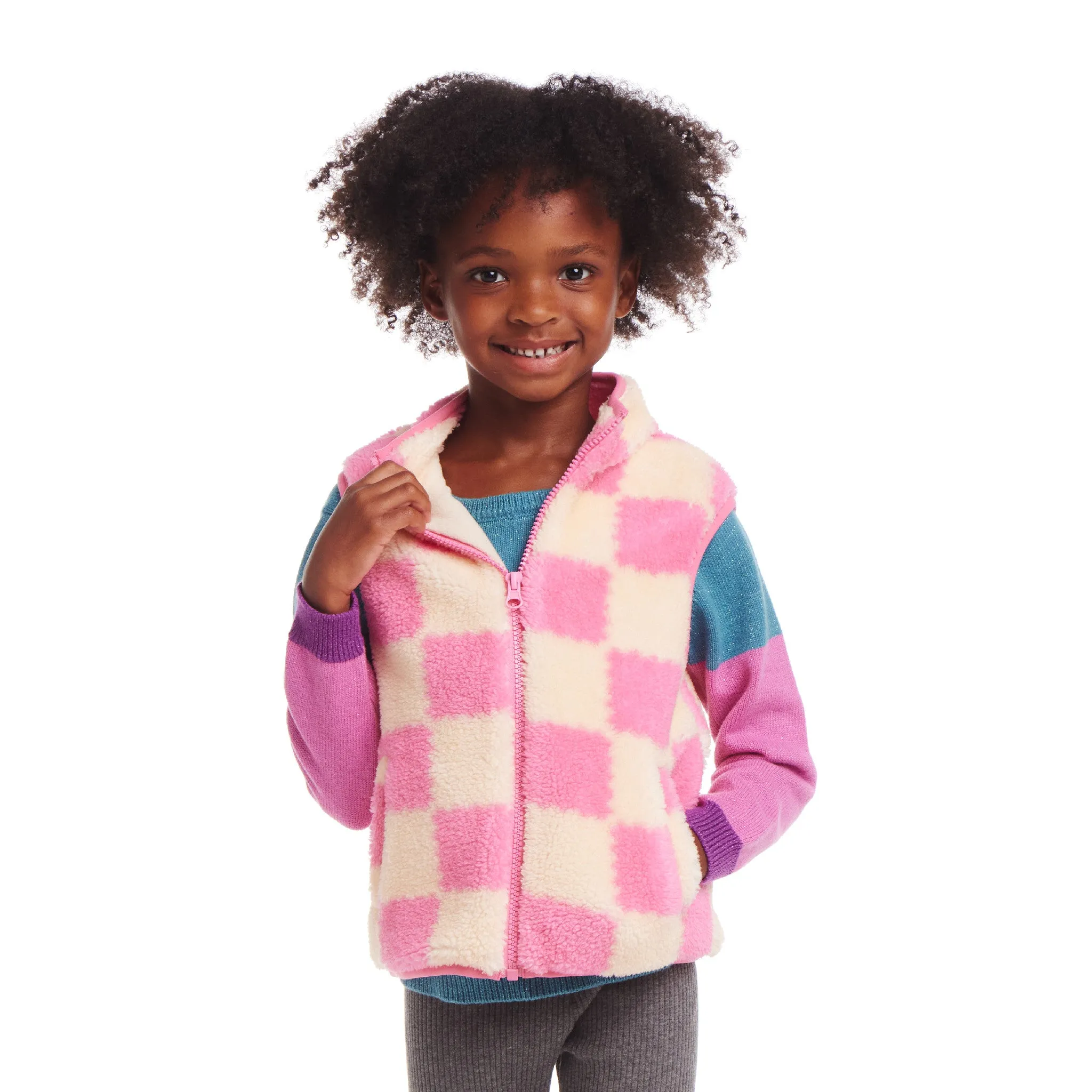 Kids (2-6x) Checkered Faux Fleece Vest | Pink