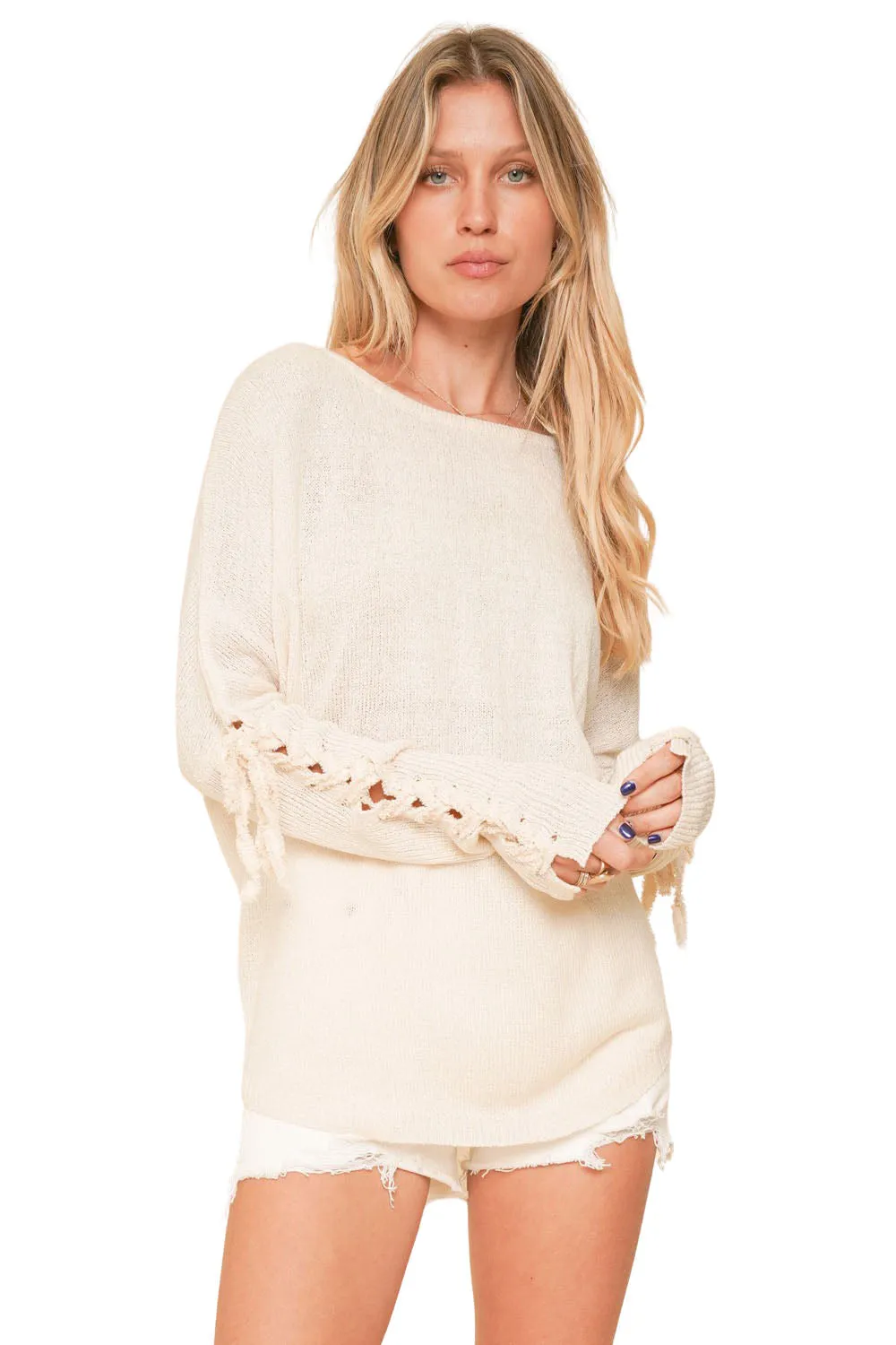 Lace Up Sleeve Boat Neck Knit Boat Neck Sweater - Ivory