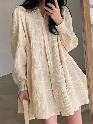 Lapel Pleated Loose Puff Sleeve Short Shirt Dress