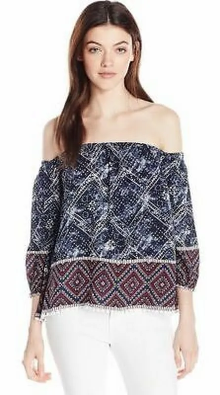 Love By Design Juniors Off The Shoulder Printed Top, Indigo Border, Medium