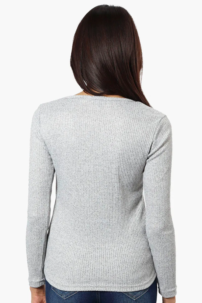 Magazine Ribbed Front Twist Long Sleeve Top - Grey