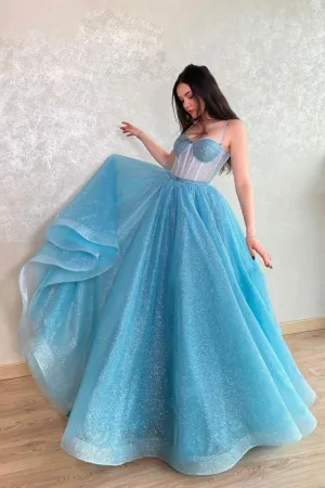 Mavis | Blue Tulle Long A-Line Prom Dress, Blue Lace-Up Evening Dress with Corset