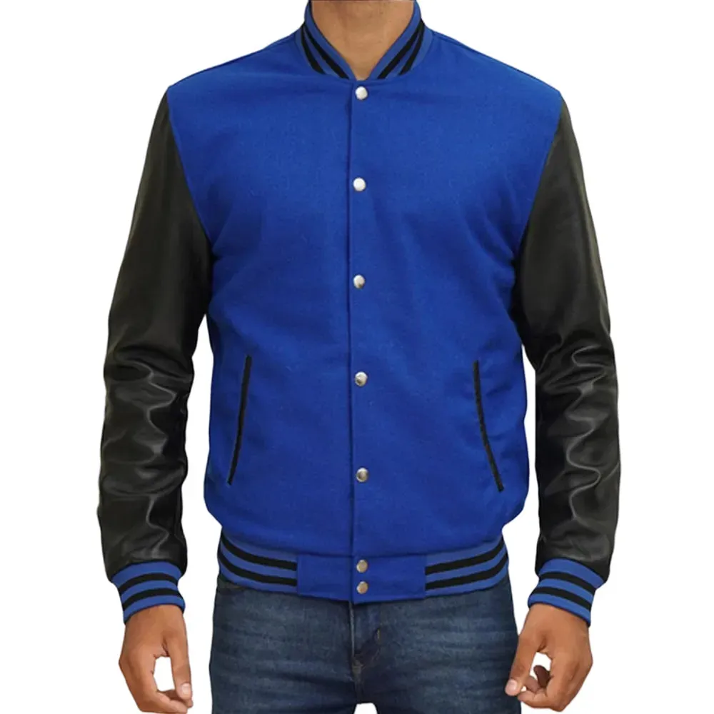 Mens Blue And Black Leather Varsity Jacket