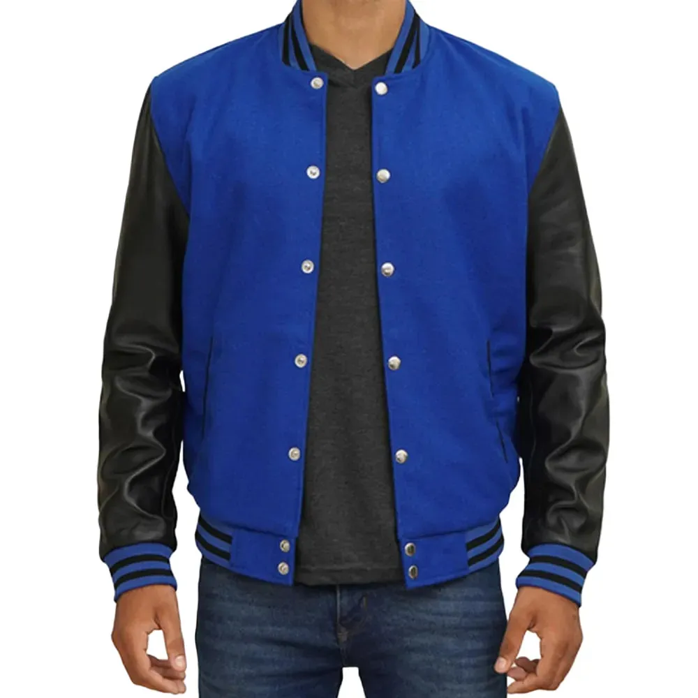 Mens Blue And Black Leather Varsity Jacket