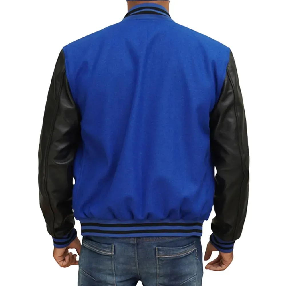 Mens Blue And Black Leather Varsity Jacket