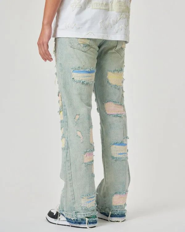 Men's Distressed Patchwork Straight Denim Pants