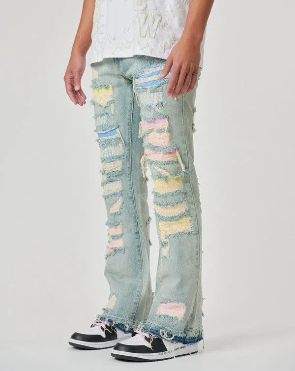 Men's Distressed Patchwork Straight Denim Pants