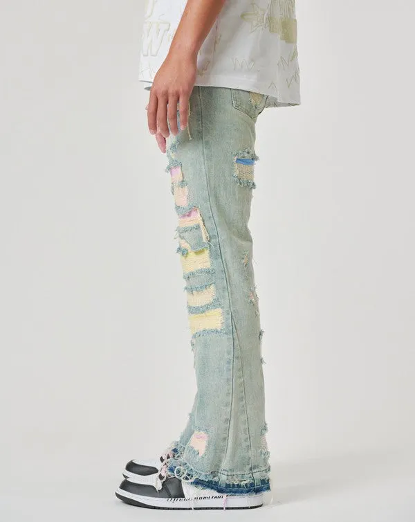 Men's Distressed Patchwork Straight Denim Pants