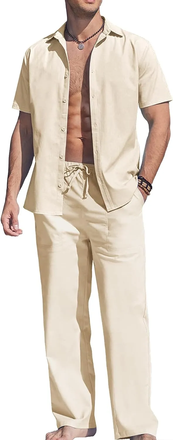 Men's Linen Khaki Short Sleeve Button Shirt & Pants Set