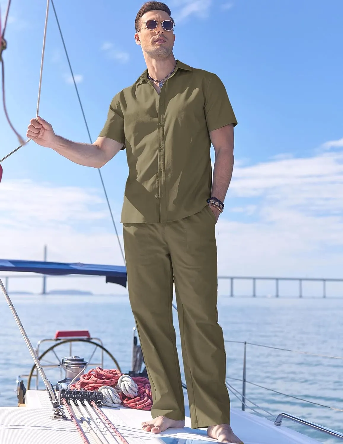 Men's Linen Khaki Short Sleeve Button Shirt & Pants Set