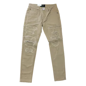 Men's Premium Distressed Khaki Denim Wash Skinny Jeans with Stretch