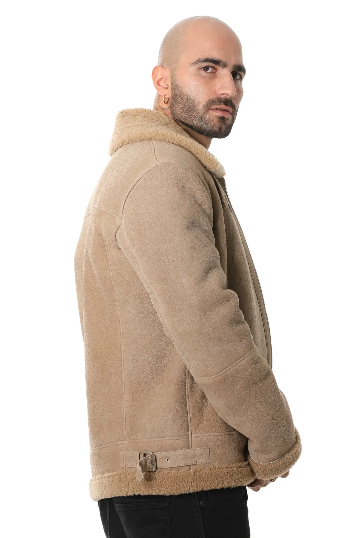 Men's Shearling RAF B3 Aviator Jacket, Washed Camel Curly Wool