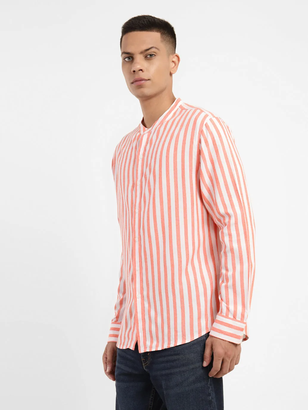 Men's Striped Band Neck Shirt