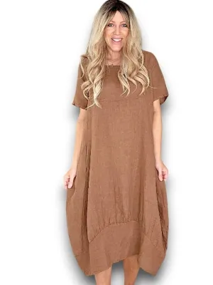 MID SLEEVE MAXI DRESS LINEN COFFEE