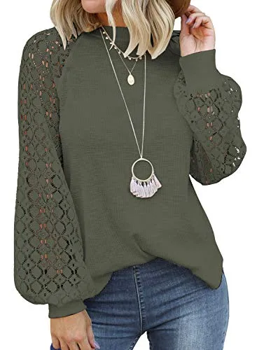 MIHOLL Women’s Long Sleeve Tops Lace Casual Loose Blouses T Shirts (Army Green, Small)