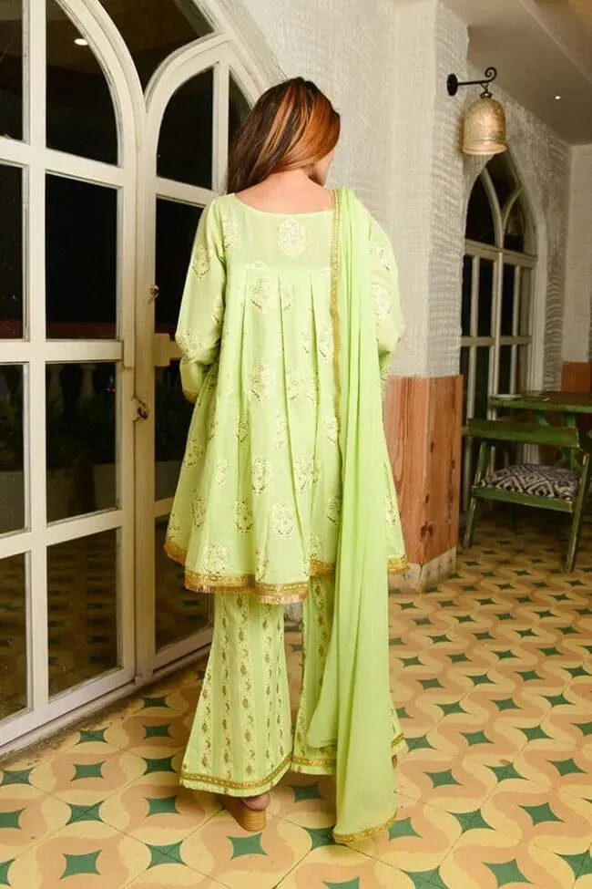 Mint Green Cotton Foil Print Sharara Set