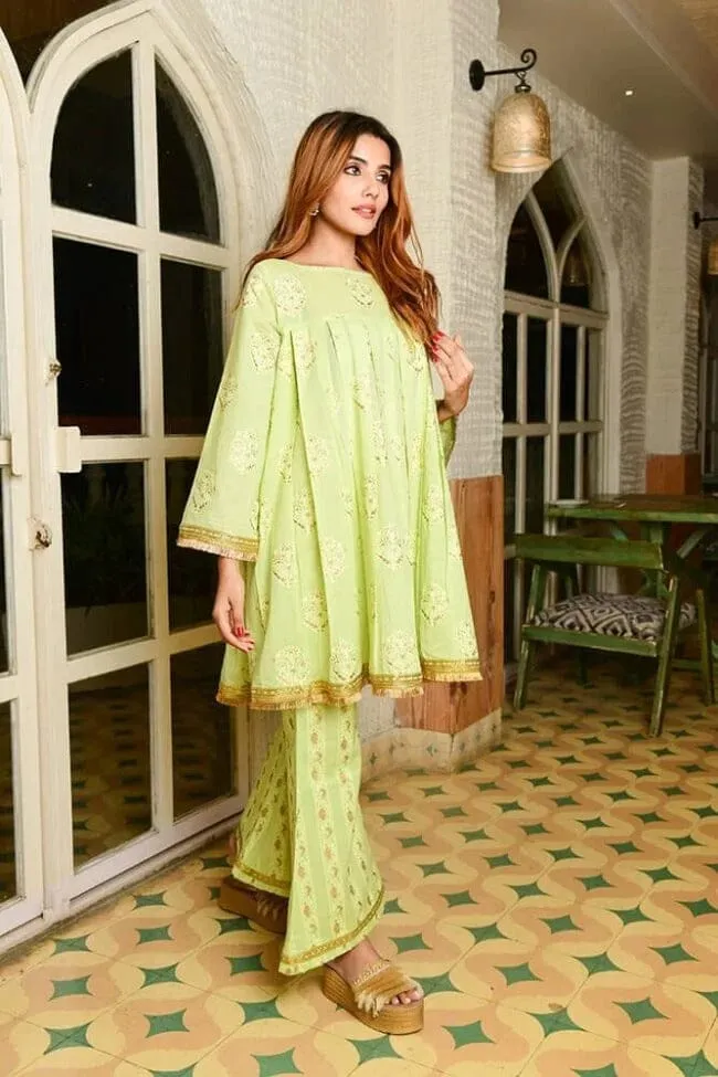 Mint Green Cotton Foil Print Sharara Set