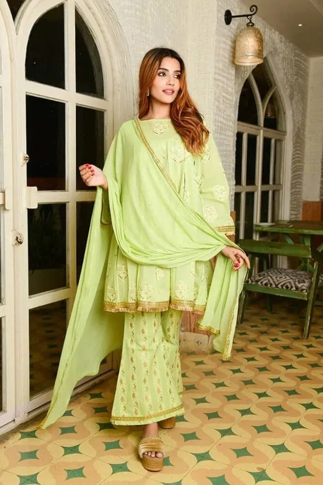 Mint Green Cotton Foil Print Sharara Set