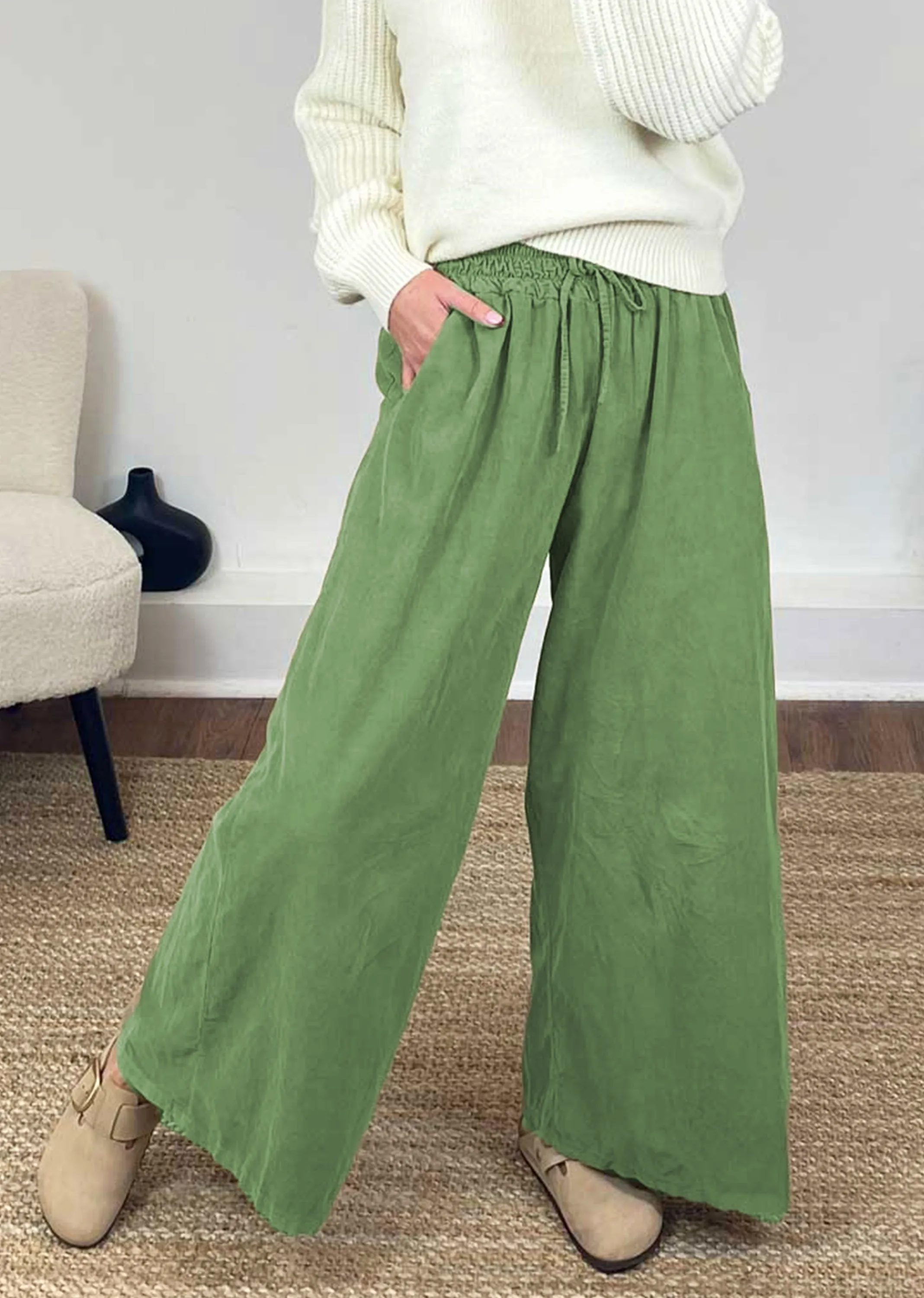 Misty Cord Wide Leg Pants in Apple Green