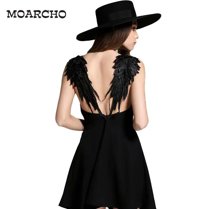 MOARCHO Summer Black White Lace Angel Wings Dress 2017 Casual Slim Sexy Backless Beach Dresses Women Spaghetti Strap Vestidos