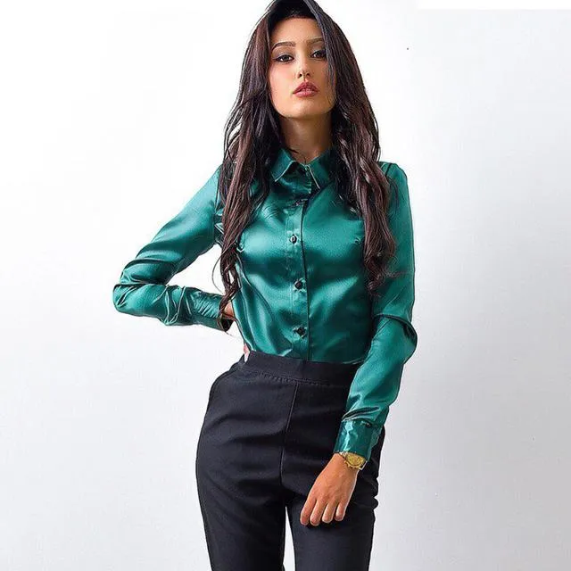 MOARCHO Women silk satin blouse button lapel long sleeve shirts ladies office work elegant female Top high quality blusa