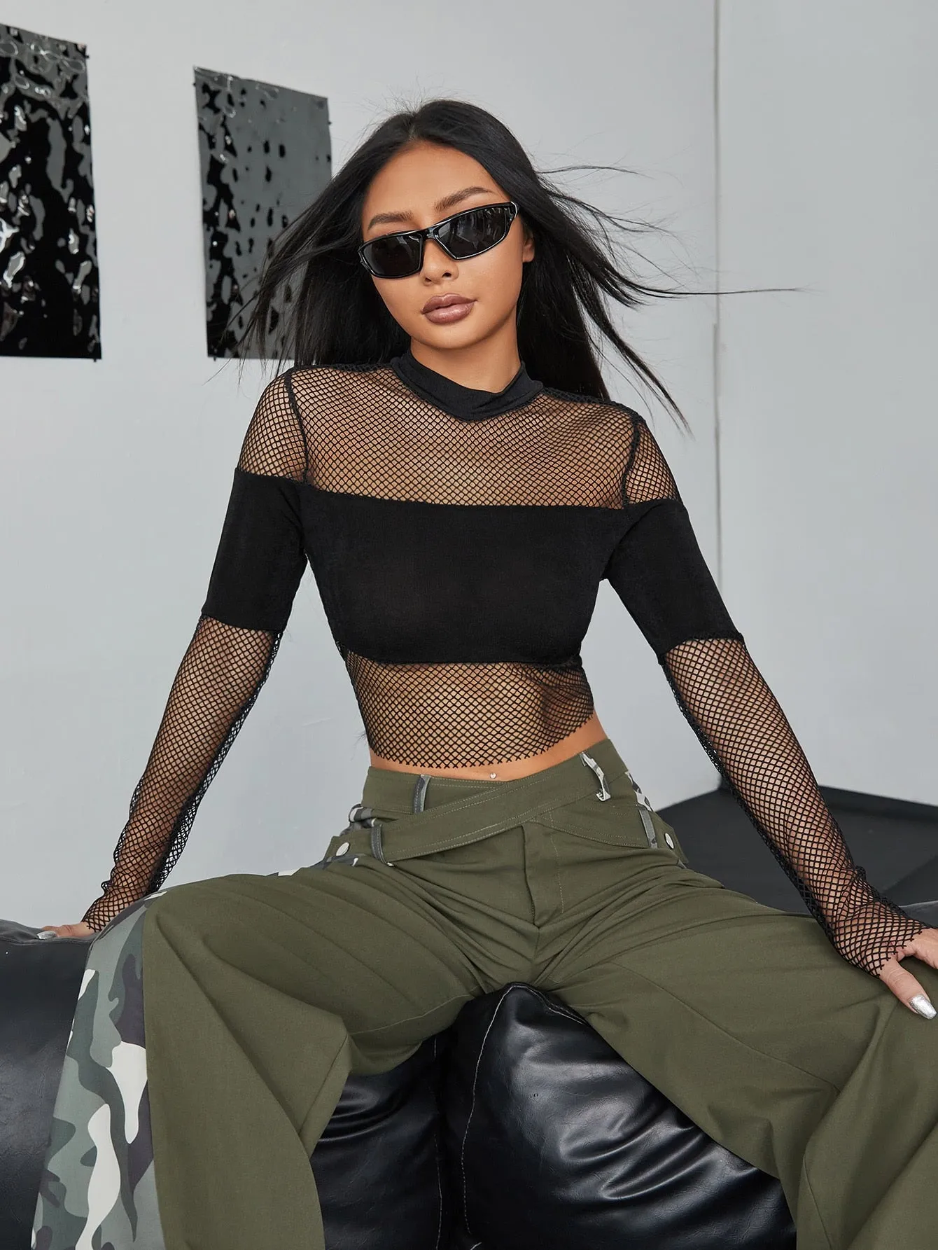 Mock Neck Contrast Fishnet Crop Top