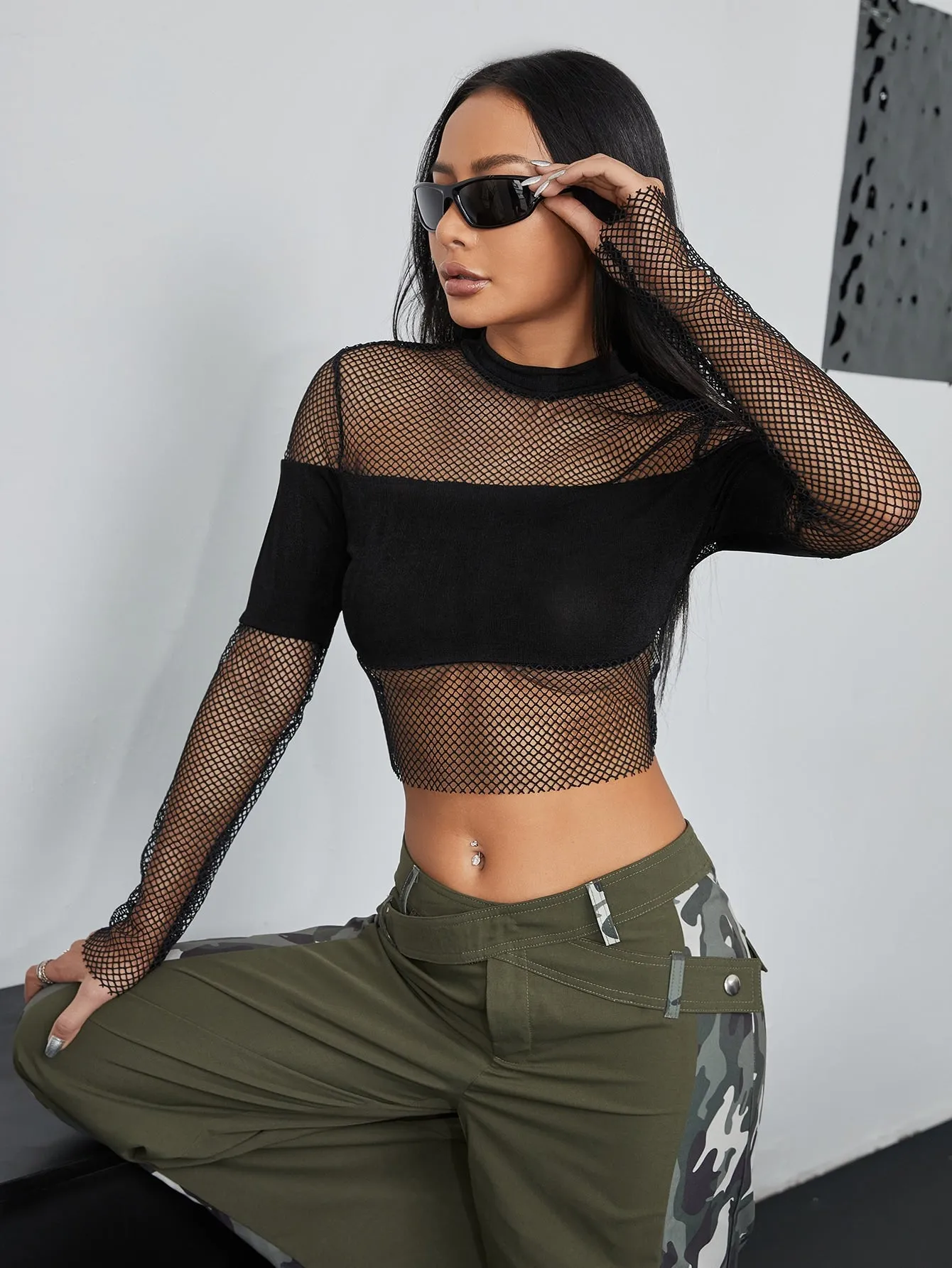 Mock Neck Contrast Fishnet Crop Top