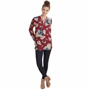 Mud Pie Rosalie Lace-Up Top Womens Blouse Burgundy Rose Print