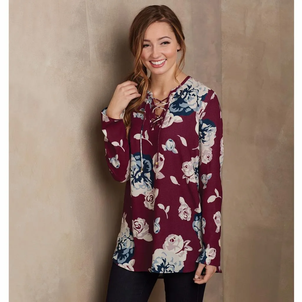 Mud Pie Rosalie Lace-Up Top Womens Blouse Burgundy Rose Print