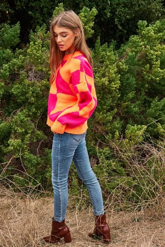 Multi Geo Checker Pullover Knit Sweater