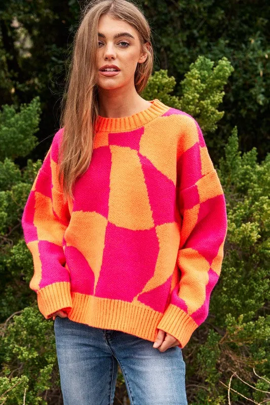 Multi Geo Checker Pullover Knit Sweater