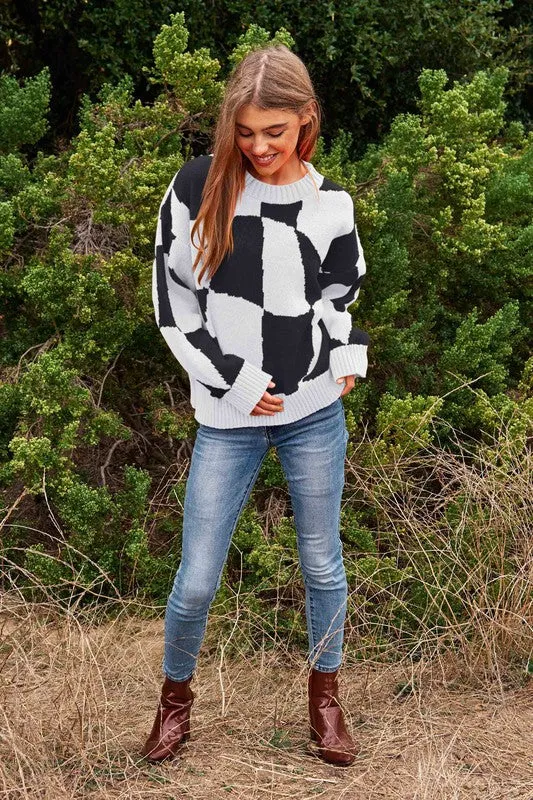 Multi Geo Checker Pullover Knit Sweater