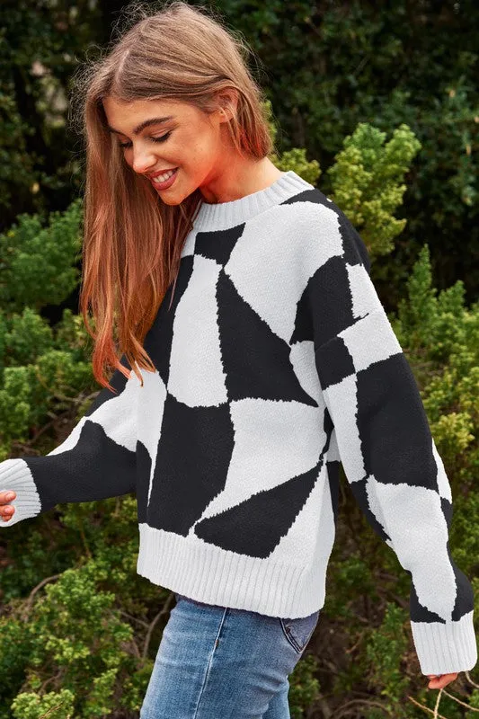 Multi Geo Checker Pullover Knit Sweater