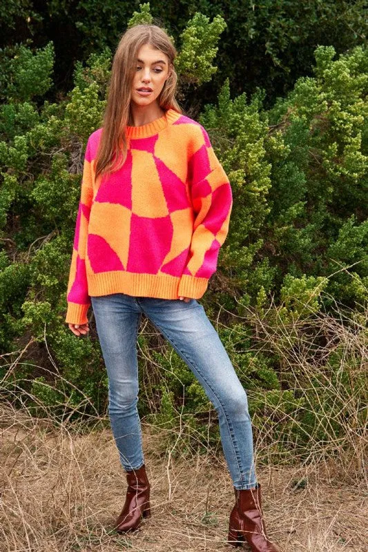 Multi Geo Checker Pullover Knit Sweater