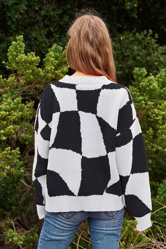 Multi Geo Checker Pullover Knit Sweater