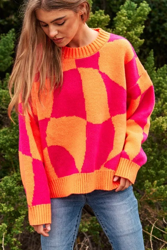 Multi Geo Checker Pullover Knit Sweater