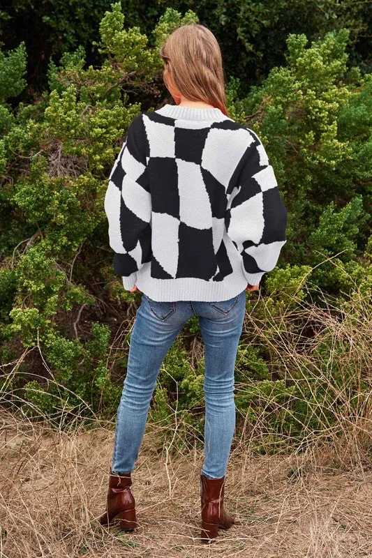 Multi Geo Checker Pullover Knit Sweater