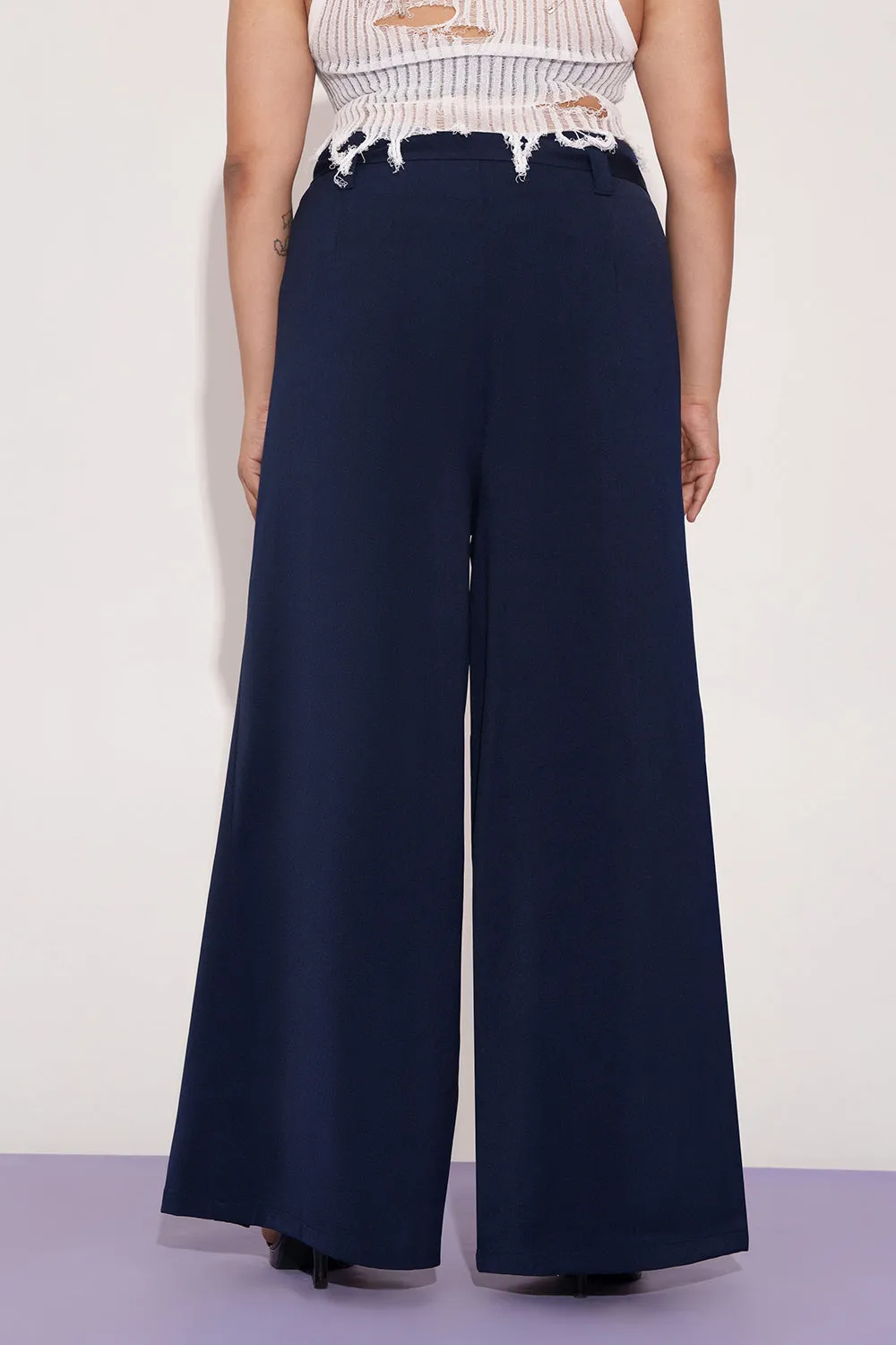 Mystic Navy Curve Belted Flared Korean Pants