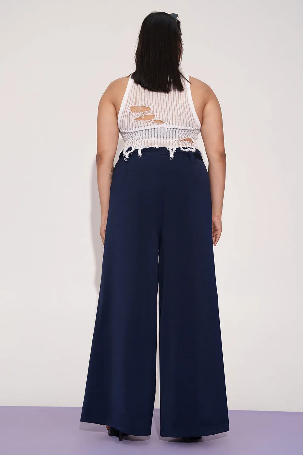 Mystic Navy Curve Belted Flared Korean Pants